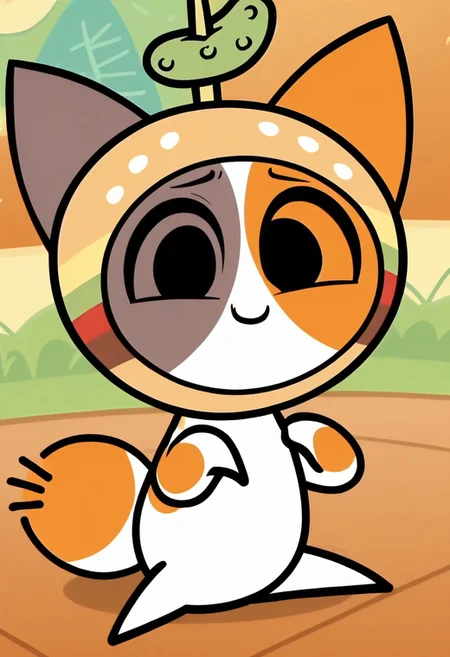 score_9, score_8_up, score_7_up, show accurate, screencap, solo, cheezborger, cat, burger, pickle, chibi, cute, solo, solo focus, dot eyes, pose, smile, solo, solo in panel, full body, hands, legs, paws, hand paws, silly, looking at viewer, sitting, indoor,