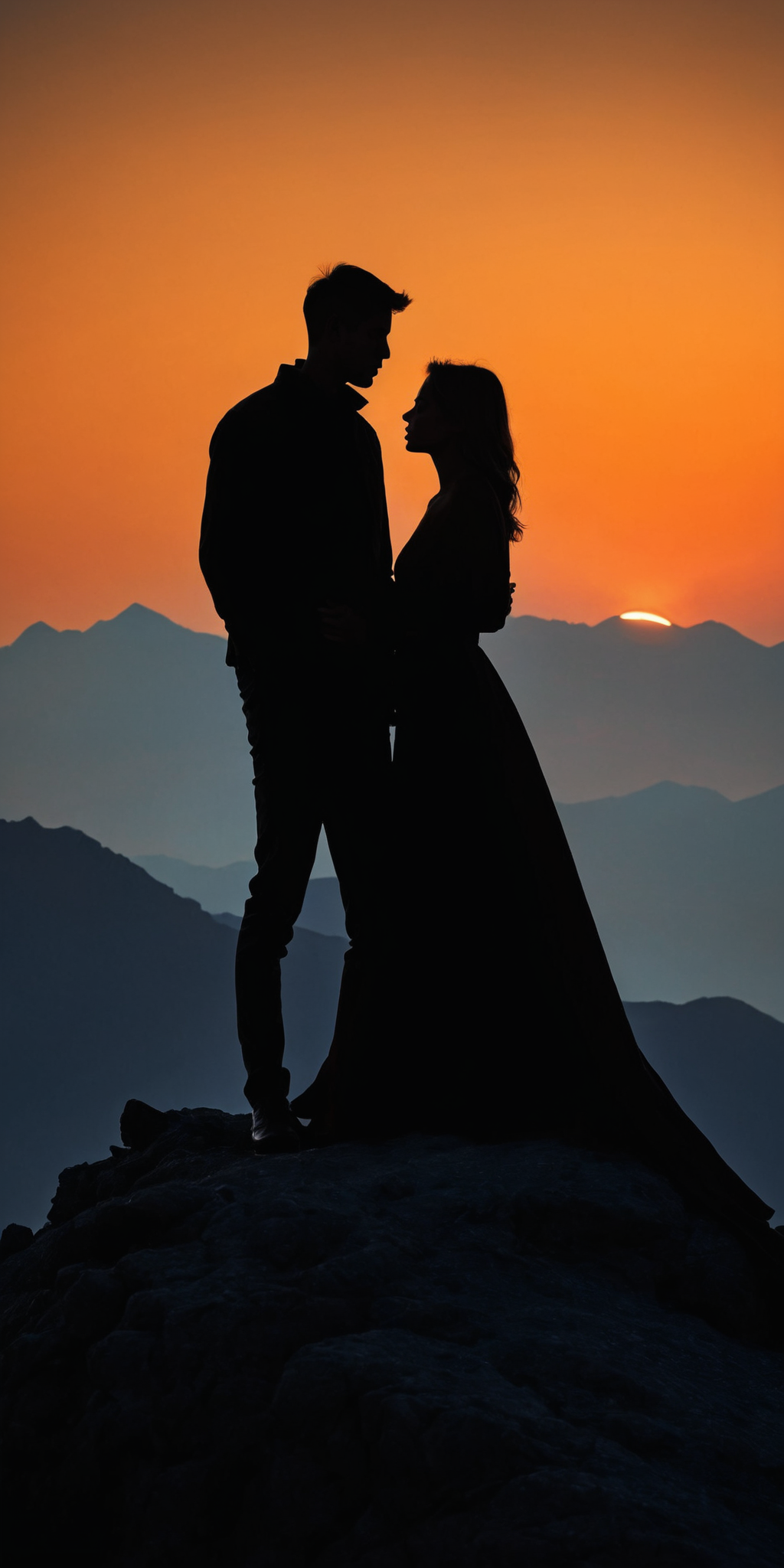 <lora:HMSGåªå½±XL-000001:0.8>,Couple standing, silhouette, mountain top, soft sunset light, romantic, surrealism style, high contrast, high definition photography, black and orange colors