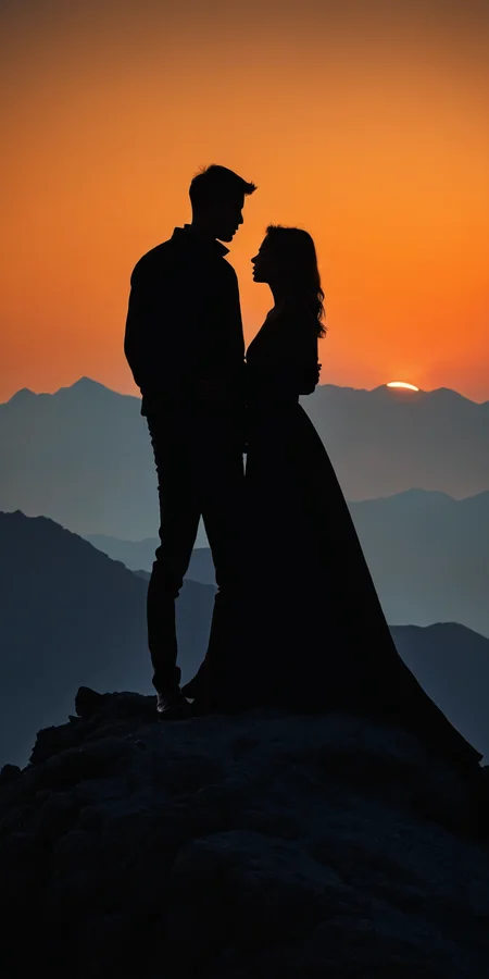 <lora:HMSGåªå½±XL-000001:0.8>,Couple standing, silhouette, mountain top, soft sunset light, romantic, surrealism style, high contrast, high definition photography, black and orange colors