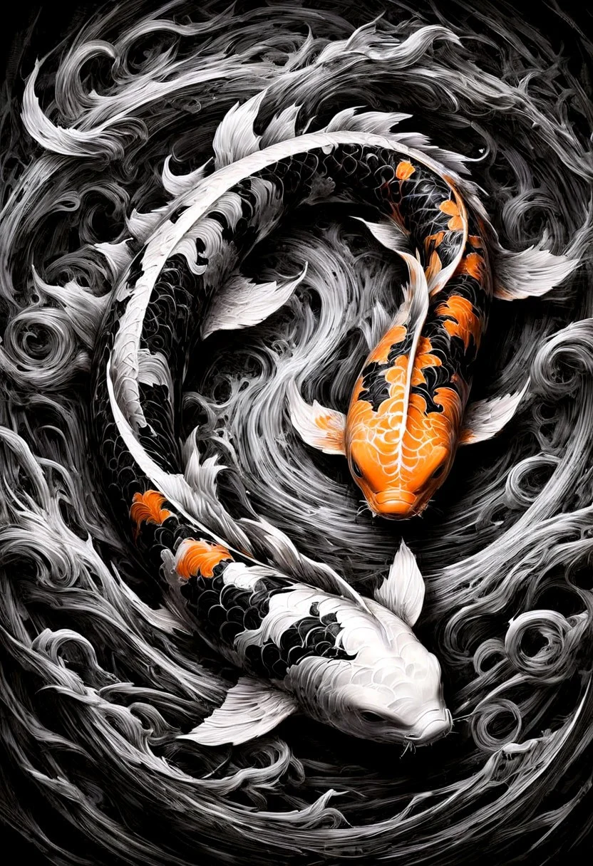 Highly detailed, absurdres, highly-detailed, best quality, masterpiece, very aesthetic, sharp outlines, high contrast, detailed, field of depth, ScribbleRay, black and white sketch Striking image of one black and one orange and white Ko. The koi are swimming around each other, creating a Yin & Yang Symbol with ethereal mist surrounding the scene, soft ambient moonlight, detailed textures, 4K, ultra-detailed, serene, and captivating atmosphere, juxtaposition of shadows and light.