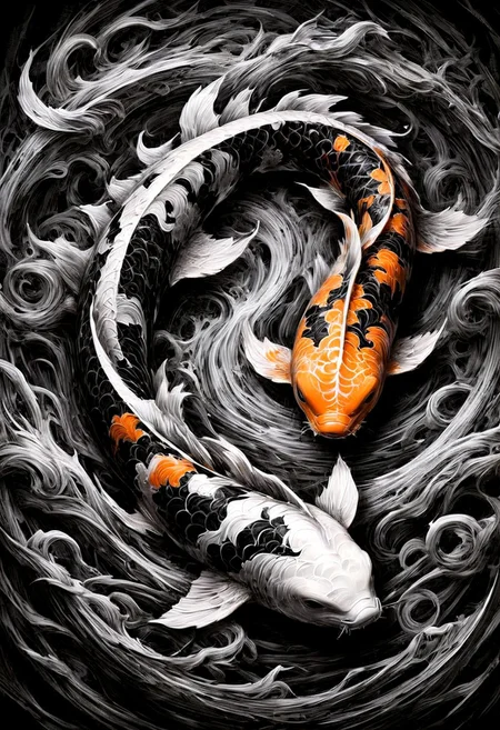 Highly detailed, absurdres, highly-detailed, best quality, masterpiece, very aesthetic, sharp outlines, high contrast, detailed, field of depth, ScribbleRay, black and white sketch Striking image of one black and one orange and white Ko. The koi are swimming around each other, creating a Yin & Yang Symbol with ethereal mist surrounding the scene, soft ambient moonlight, detailed textures, 4K, ultra-detailed, serene, and captivating atmosphere, juxtaposition of shadows and light.