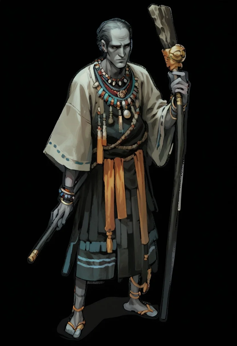 score_9, score_8_up, score_7_up, score_6_up, score_5, score_4_up, Fhunger, grey skin, solo, wide sleeves, full body, 1boy, holding staff, necklace, bracelet, transparent background, staff, male focus, standing, no humans, simple background