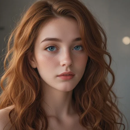 A side profile of a stunning redhead woman with bright and deep red long hair, curly hair that frames her face beautifully, She has clear and luminous blue eyes, smooth and fair skin with a subtle glow and freckles, the expression on her face is gentle and confident, slightly parted lips, The lighting is soft and natural, creating a warm and inviting atmosphere. The overall mood is serene and captivating, attention to detail in the texture of her hair and the sparkle in her eyes.