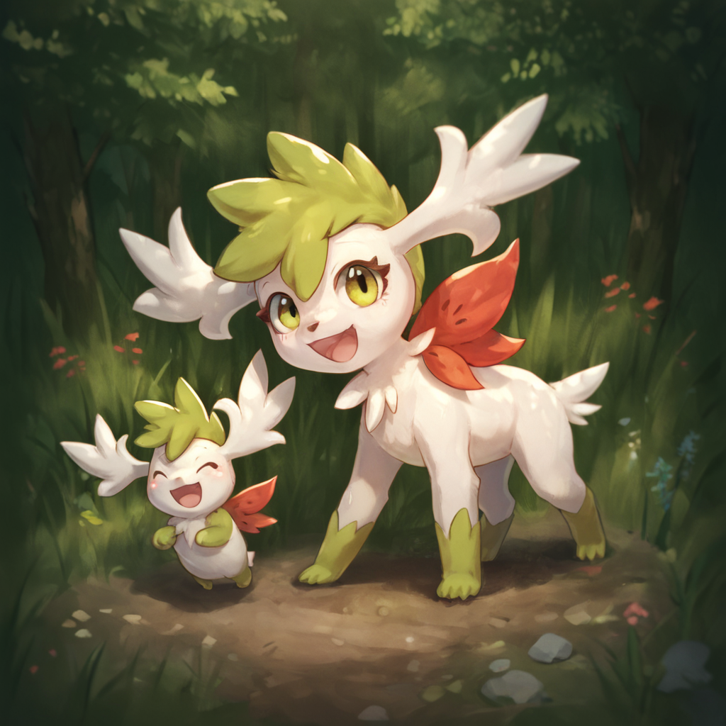 score_9, score_8_up, score_7_up, score_6_up, score_5_up, score_4_up, source_anime,  Shaymin_Poke, creature, happy, playfull, forest
