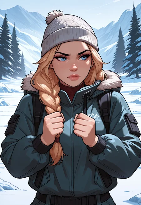 score_9, score_8_up, score_7_up, 1girl, solo, arctic explorer, insulated winter gear with fur trim and reflective accents, long braided blonde hair with a warm knitted hat, realistic, cinematic angle, cinematic lighting, athletic body, determined face, piercing blue eyes, adventurous pose
BREAK
trekking through a snowy mountain range
BREAK
source_adventure_art, rating_explicit, expressive, full body, dynamic pose
BREAK
detailed beautiful background, majestic snowy mountains with towering peaks and glistening ice formations, dense pine forests and frozen lakes, distant glaciers and icy waterfalls, serene atmosphere with a sense of adventure and endurance
<lora:Expressive_H:0.6>Expressiveh, (SimplepositiveXLv1:1.3), (upper body, full clothed:1.85) ((masterpiece)) (ultra realistic, 32k, masterpiece:1.2), (high detailed skin:1.1), (high quality:1.1) (((full clothed))) <lora:DandonFuga_Style_v.2_-_Pony:0.8> 
<lora:add-detail-xl:1> 
<lora:Dynamic Poses:1>