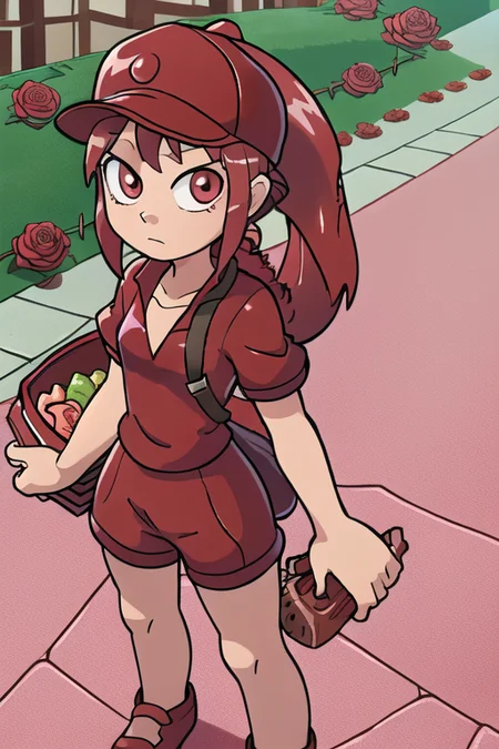 <lora:TFMJellyMage:1> Jellymage delivering a fruit basket to an apartment, rose bush, sidewalk, clear day, birds in the air, trucker cap, facing front, very long ponytail,