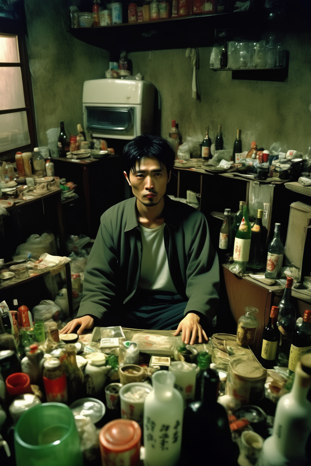 <lora:Director Park Chan-wook style:1>Director Park Chan-wook style - a handsome guy In a simple two-bedroom rental house.  slowly opened his eyes. "where is this?"  cried out in astonishment. Subconsciously scan around. A living room of less than fifteen square meters. There are cheap wine bottles and cigarette scattered everywhere. The smell of instant noodles mixed with the smell of cigarettes and alcohol. Scruffy is more doghouse than doghouse,an aware winning photographer in high - definition format Kodak Portra 800 film SMC Takumar 105mm f 8 c 50, overexposure. ultrarealistic photo, highly detailed, detailed hair, detailed skin, detailed eyes, 8k