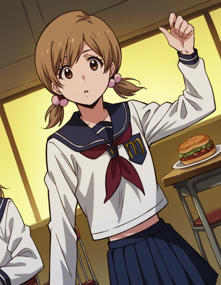 score_9, score_8_up, score_7_up, source_anime, <lora:yuzu-kurosaki-anime-ponyxl-lora-nochekaiser:1>, yuzu, short hair, brown hair, brown eyes,, twintails, short twintails, school uniform, serafuku, neckerchief, red neckerchief, skirt, blue skirt, pleated skirt, long sleeves, white shirt, shirt, sailor collar, blue sailor collar,, restaurant, laughter, good food, warm lighting, celebration, , , arm out, knee up, hand open, solo,, cowboy shot, dutch angle