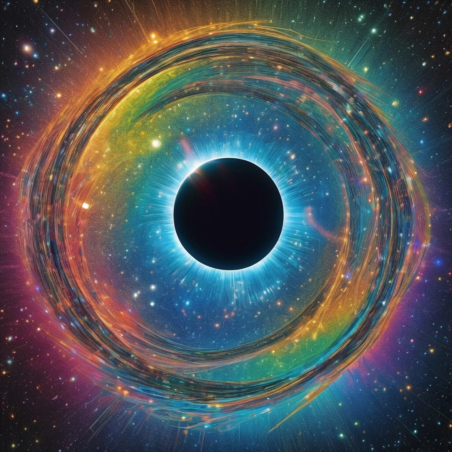 cosmic spacetime abstract concept art with shiny metallic iridescent rainbow particles of light, etched pitted, solar eclipse, planets made of cd's orbiting around over
BREAK
huge vinyl_LP with solar flare over background grooves etched in universal vinyl LP_record Oort-Cloud, in background of infinite tangled unwound tape-casette-spool of spacetime, within black void, high-resolution