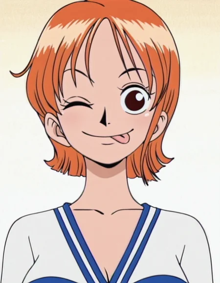 nami, 1girl, short hair, orange hair, solo, striped shirt,upper body, portrait, looking at viewer, smile, breasts, brown eyes <lora:NamiIllustrious1.0JLFO-000017:1>, looking at viewer, simple background, standing, one eye closed, tongue out,
