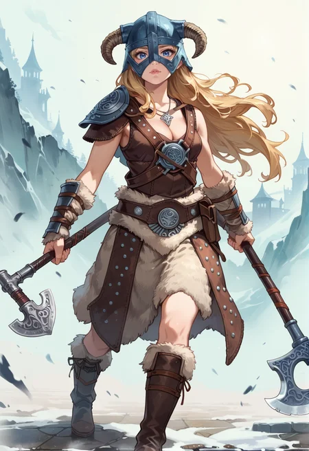 (score_9:0.9),score_8_up,score_7_up,rating_safe,anime style,(zPDXL),<lora:Dovahkiin Armor ponyXL v1.5:0.74>,dovahkiin armor,1girl,horned helmet,solo,long hair,blonde hair,blue eyes,brown gauntlets,holding axe,brown knee boots,cleavage,shoulder armor,looking at viewer,