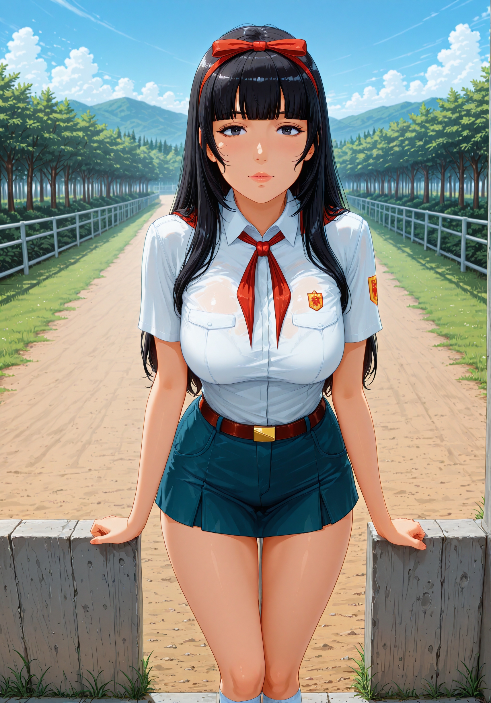 masterpiece, high_quality, highres, detailed_eyes, detailed, masterpiece, best quality, absurdres, 8k, HDR, face_focus, high quality, very_awa, newest, absurdres, highres, depth_of_field, realistic_skin, pinkretroanime, (retro art:0.7), Jeddtl02, p0nyd1sney1ncasev1x0n2, very aesthetic, detailed face, pioneer_uniform, el_pioneer_outfit, white_shirt_pioneer, short_sleeves, pioneer_badge, blue_short_pioneer, red_neckerchief, belt, white_socks, shoes,<lora:Yamato_Aoki_illustrious:1> , black eyes, long hair, bang, black hair, large hanging breasts elegant and dominant, mature, adult, sexy, medium breasts, looking at viewer, detailed beautiful eye, medium breasts, amazing background, clouds, nature, forest, ,  <lora:Everlasting_summer_pioneer_uniform:1>, detailed skin texture, (blush:0.5), (goosebumps:0.5), subsurface scattering
