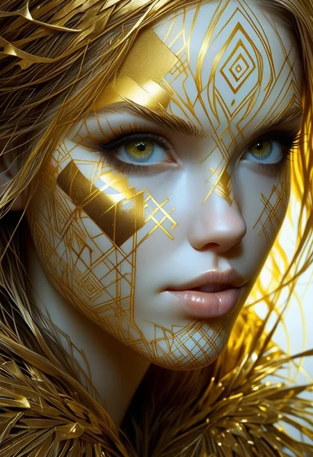 Nordic Rune letter golden on girls face, close-up, by Minjae Lee, Carne Griffiths, Emily Kell, Steve McCurry, Geoffroy Thoorens, Aaron Horkey, Jordan Grimmer, Greg Rutkowski, amazing depth, double exposure, surreal, geometric patterns, intricately detailed, bokeh, perfect balanced, deep fine borders, artistic photorealism , smooth, great masterwork by Suiras <lora:add-detail-xl:2> <lora:Double_Exposure:0.5>