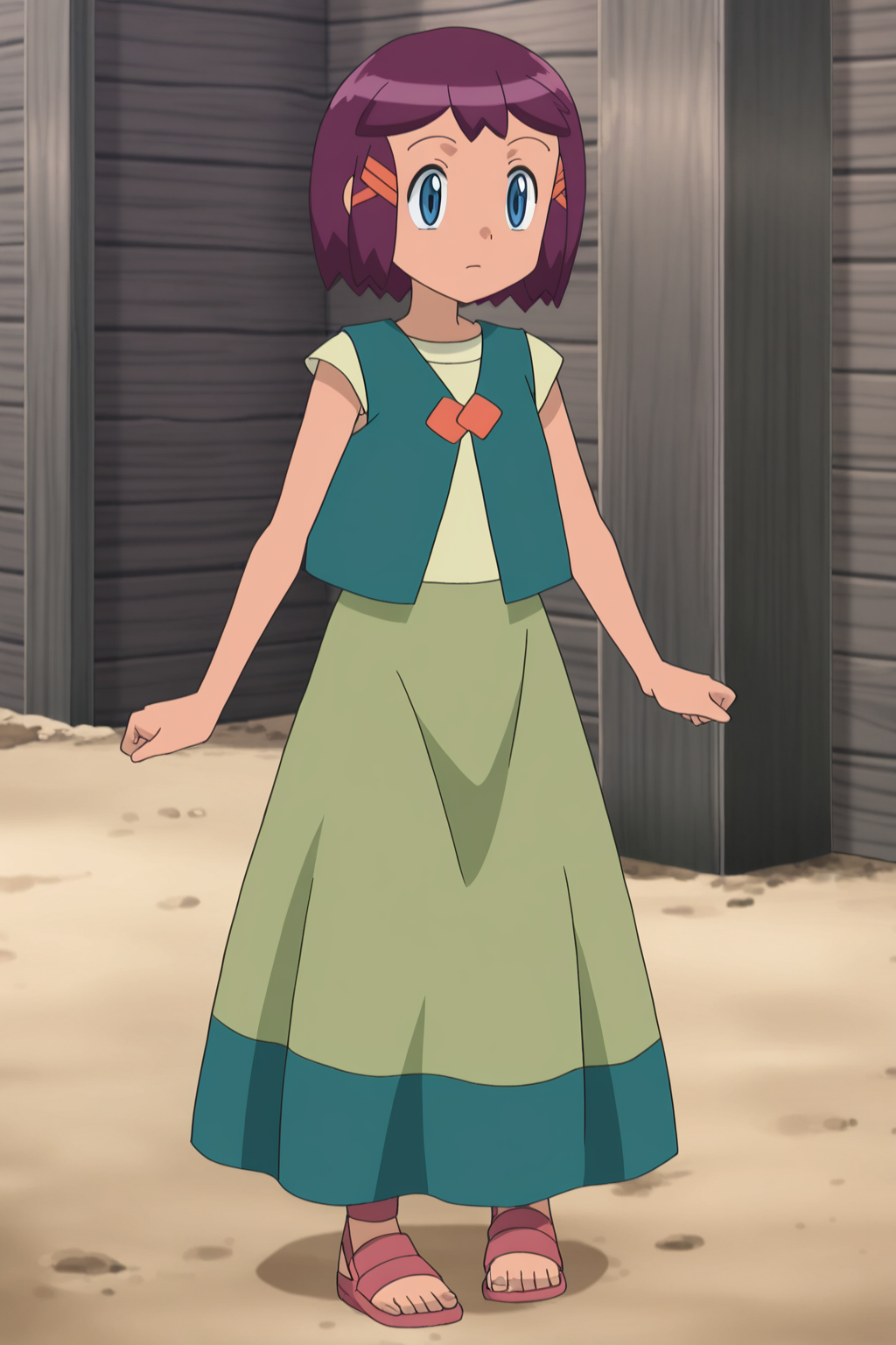 1girl, 
<lora:Shannon-Shobu:1> PK5BWShan5nonSho5bu,blue eyes,dark pink brown hair,short hair, orange hair ornament, light green shirt,short-sleeved t-shirt,navy green vest,orange buttons,light green skirt, navy green hem skirt, large skirt, rope sandals,  full body,  standing, looking at viewer, 
masterpiece, high quality, absurdres, best quality, very aesthetic, newest,