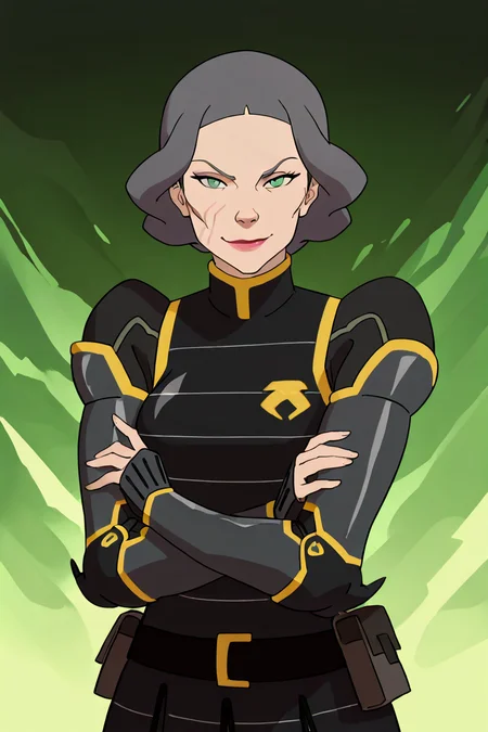masterpiece, best quality, 1girl, solo, eyelashes, (beautiful eyes), aaLinBeiFong, armor, short hair, green eyes, grey hair, black uniform, makeup, scar, crossed arms, lipstick, smile, looking at viewer, cowboy shot, abstract background, ,<lora:KorraStyleIXL:1.0>,