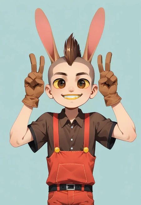 score_9, score_8_up, score_7_up, rating_safe, source_cartoon JaxTADC, solo, gloves, 1boy, animal ears, double v, upper body, portrait, toes, animal ears, rabbit ears, suspenders, chibi:1.9, male focus, human:1.9, brown hair, hot brown shirt, pants, hot brown gloves, yellow sclera, colored sclera, Hot Brown eyes, yellow teeth, rabbit feet, Hot brown cornea, mohawk, hilltop