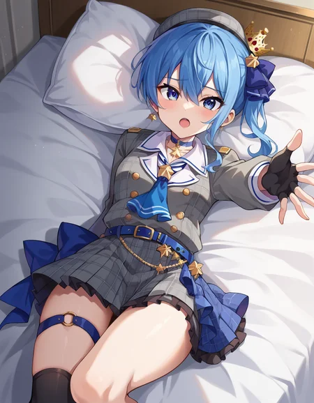 score_9, score_8_up, score_7_up, source_anime,
suiseihoshimachi, <lora:suisei-hoshimachi-ponyxl-lora-nochekaiser:1>
suisei hoshimachi, blue eyes, blue hair, choker, hair between eyes, medium hair, side ponytail, star choker,
ascot, asymmetrical legwear, belt, beret, black gloves, blue ascot, blue belt, blue bow, blue choker, bow, buttons, choker, collared shirt, crown, gloves, grey headwear, grey jacket, grey skirt, hat, jacket, jewelry, kneehighs, long sleeves, miniskirt, mismatched legwear, partially fingerless gloves, pendant, plaid, plaid jacket, plaid skirt, shirt, single kneehigh, single sock, skirt, skirt set, socks, star choker, star print, thigh strap, uneven legwear, white shirt,
indoors, bed, bed room, on back, arm support, arms up, incoming hug, pov, reaching, reaching towards viewer,
looking at viewer, dutch angle, cowboy shot,