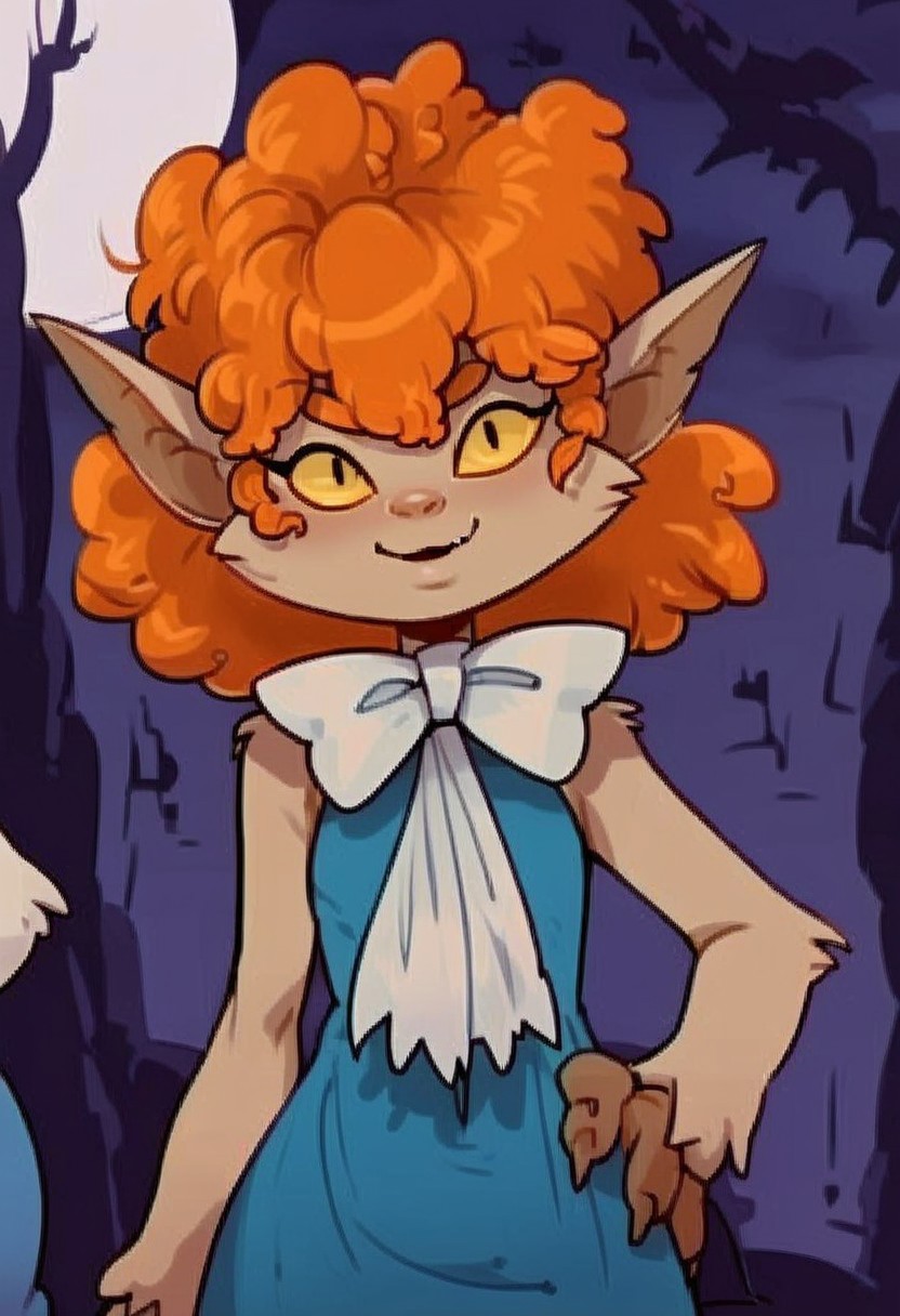 zPDXL3, smile, cowboy shot, looking at viewer, hand on hip, smug, head tilt, 
,,,
zzWinnie, orange hair, pointy ears, 1girl, yellow sclera, yellow eyes, colored sclera, furry, colored skin, animal ears, dress, bow, blue dress, white bow, bowtie,
full moon, night,