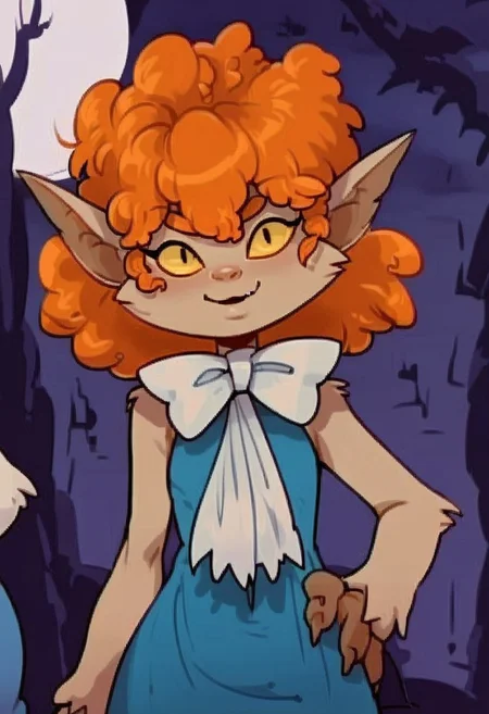 zPDXL3, smile, cowboy shot, looking at viewer, hand on hip, smug, head tilt, 
,,,
zzWinnie, orange hair, pointy ears, 1girl, yellow sclera, yellow eyes, colored sclera, furry, colored skin, animal ears, dress, bow, blue dress, white bow, bowtie,
full moon, night,