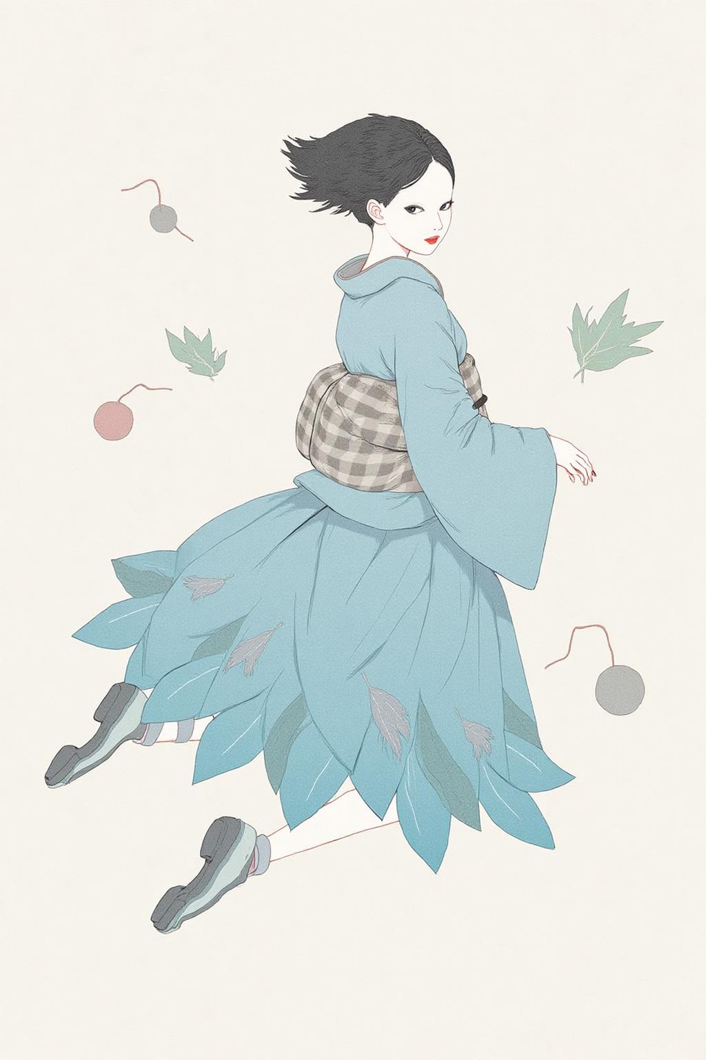 kchiba1 illustration. 
A young woman, with her back to the viewer, is floating in mid-air. She is wearing a blue kimono with a skirt adorned with leaves. She is turning her head to glance backward.
 <lora:kchiba1_cap_d6a3:1.0><lora:837664660481173133:0>