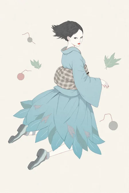 kchiba1 illustration.
A young woman, with her back to the viewer, is floating in mid-air. She is wearing a blue kimono with a skirt adorned with leaves. She is turning her head to glance backward.
<lora:kchiba1_cap_d6a3:1.0><lora:837664660481173133:0>