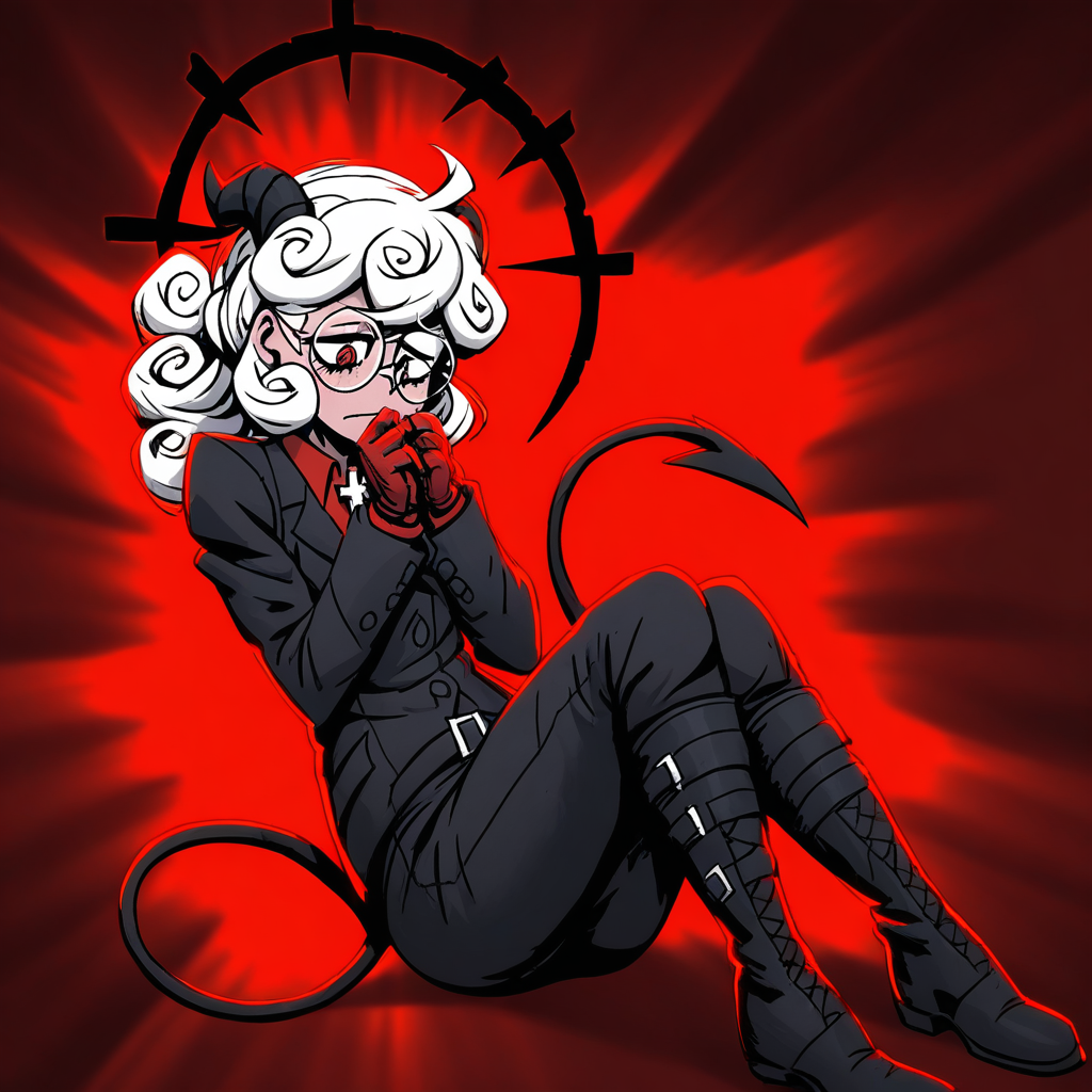 masterpiece, best quality, newest, absurdres, highres, anime, anime style, DDAffliction-V1.1, black halo, pain, 1girl, pandemonica \(helltaker\), demon girl, horns, black horns, white hair, knee boots, gloves, demon tail, demon horns, black jacket, curly hair, glasses, round glasses, round eyewaer,