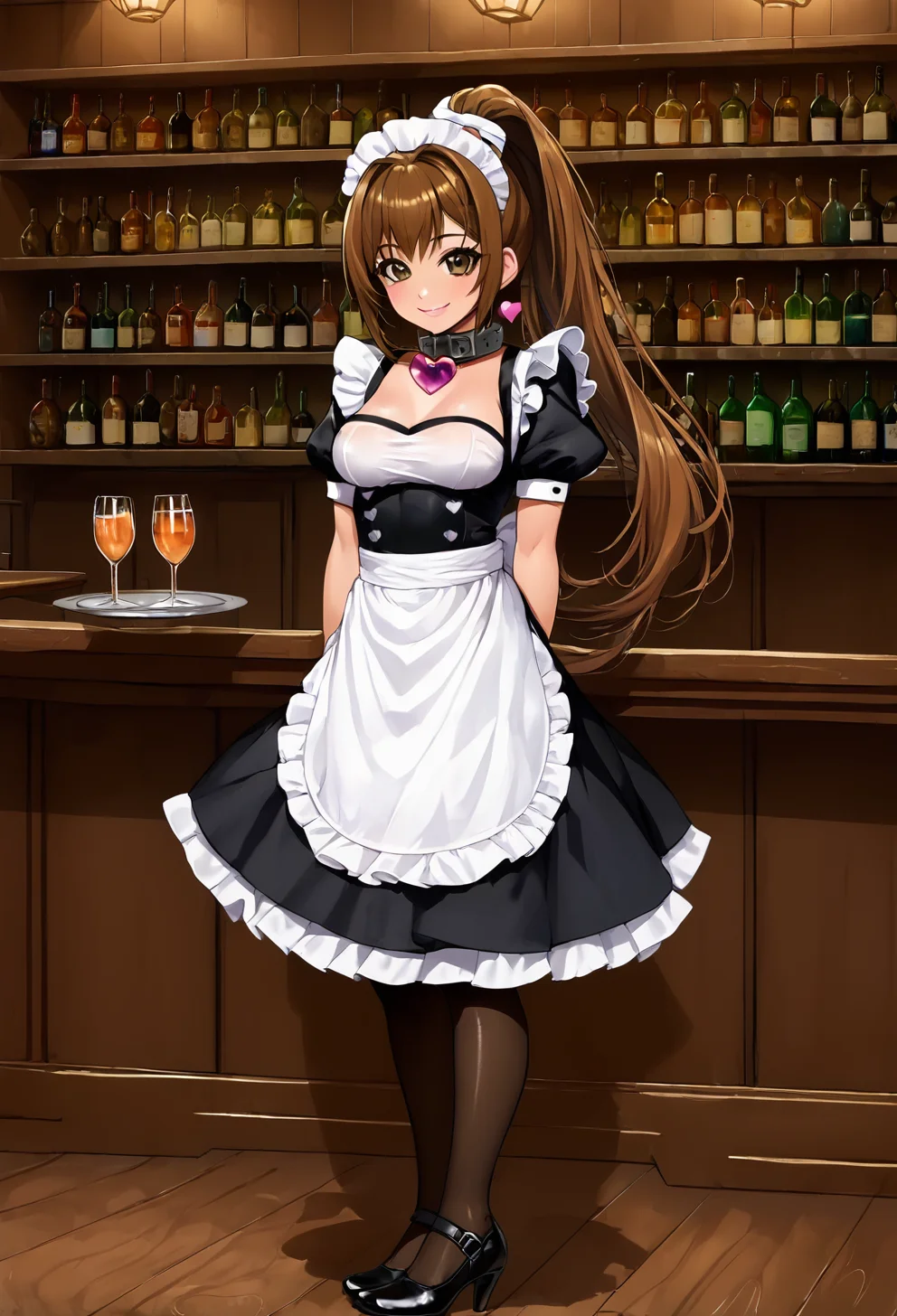 (Moena_Shinguuji,brown hair, brown eyes,crystal_heart_collar,)
1girl, solo, standing, smile, brown hair, long hair, ponytail, sidelocks, detailed face,small breasts,Portrait,
maid, maid headdress, maid apron, puffy sleeves, pantyhose,
indoors,bar,bar background, light smile,Hand behind back,
<lora:PROject-AnImE-V1:1.2>,
<lora:ClearHand-V2:2>,
<lora:PONYMoena_Shinguuji_OVA_Angel_Blade-000005:1>