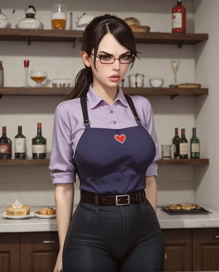 score_9,score_8,score_7,source_explicit , 1girl, solo, body shot above hips, (3d:1.2), (realistic:1.2),
<lora:Chudette:.7> chudette, brown hair, , pale skin, dark brown eyes, glasses, 1girl, ,black eyebags, , ponytail, , purple crop top, visible bra straps, dress shirt, dress pants, fress shoes, apron, , waist belt, , big lips, angry,
<lora:Expressive_H:1> expressiveh
<lora:Eyes_High_Definition:0.25> eyeshd