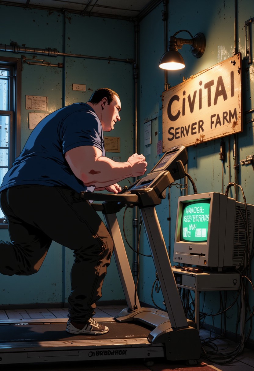 Anime art. aidmatextimprover. Highly detailed. Scene of a fat man running on a treadmill. Wires and cables are attached to the treadmill. The wires and cables run to a small mid-1990s Macintosh PC. A makeshift sign above the computer reads "CivitAI Server Farm". The sign is crudely drawn in crayon. The room is dimly lit with lights flickering off and on. The mood is comic. Highest quality, best quality, masterpiece.