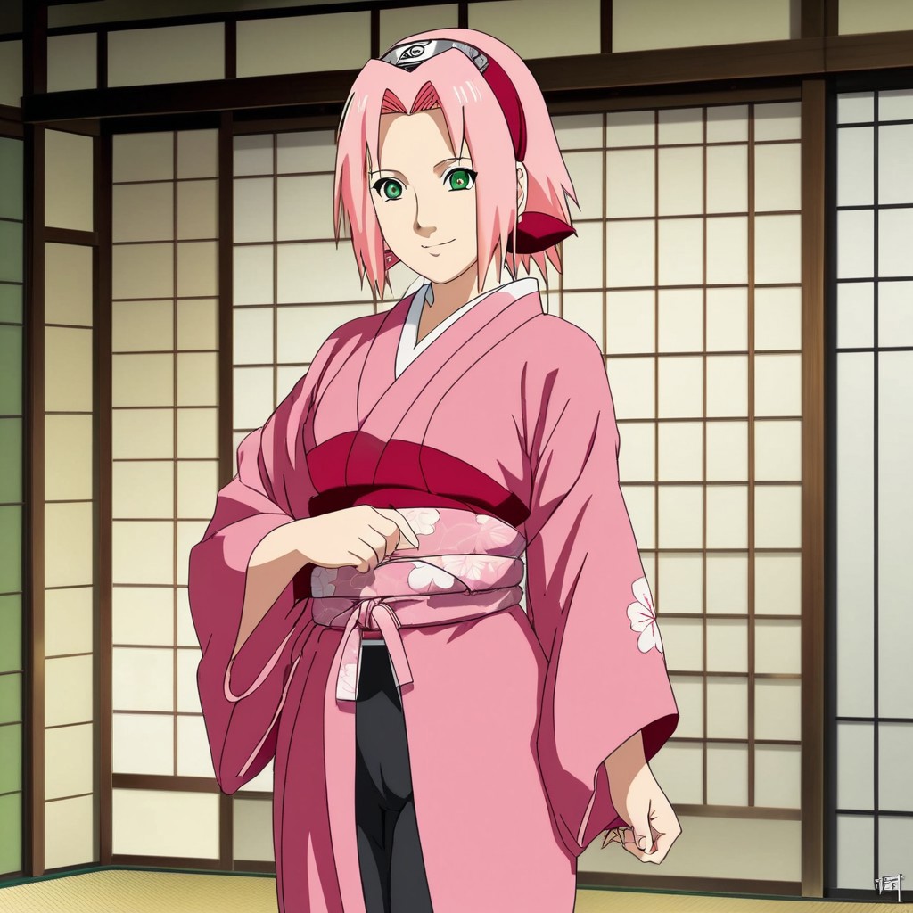 rating:Safe, A hot and sexy picture of Sakura Haruno, flaunting her curves wearing a beautiful pink kimono , standing , full body view , forehead mark , green eyes , cute smile