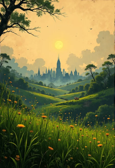 Golden sunlight filters through wispy clouds as a serene landscape unfolds: terraced paddy fields stretch across the rolling hills of Bali. Vibrant green rice plants sway gently, like emerald curtains, while ancient temples and rustic villages dot the horizon. Soft morning mist lingers, casting a mystical veil over this idyllic scene.