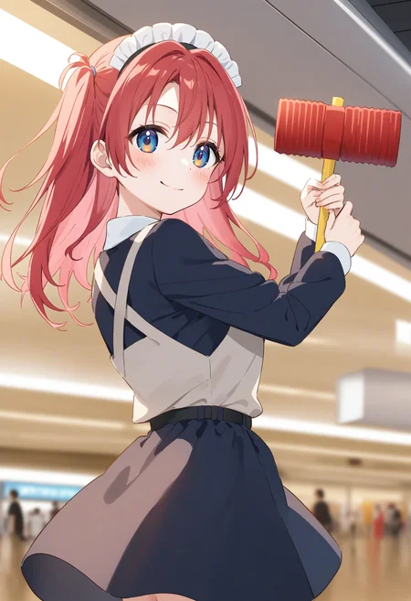 1girl,sincos, ningen mame, toosaka asagi,solo,medium breasts,20yo,maid,maid headdress,
piko piko hammer, toy hammer, holding, <lora:pikopikohammer_XL_v1:0.8>
from behind, upper body, looking at viewer, pink hair, golden eyes,smile, airport, closed mouth, side hair,,
best quality, very aesthetic, absurdres