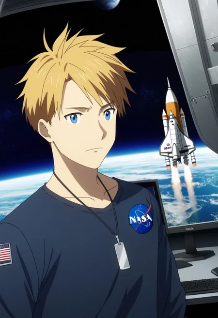 high resolution, professional photography, best quality, 1Boy, Yamato Ishida, blond hair, deep blue eyes, necklace, rocket engineer, nasa, OverallDetail