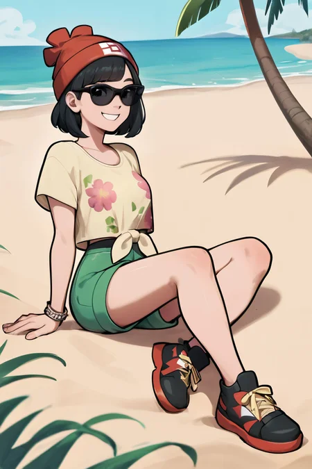 zPDXL3, sg_WAYFARER, sunglasses,black-tinted eyewear,  <lora:glasses_wayfarer_PONY_V1:.8> <lora:CitronAnimeTreasure:.8>
selene, red beanie, black hair, yellow shirt, floral print, tied shirt, green shorts, shoes, looking at viewer, smiling, sitting, on sand, beach, palm trees, sunny,  <lora:Selene_Pony:.8>