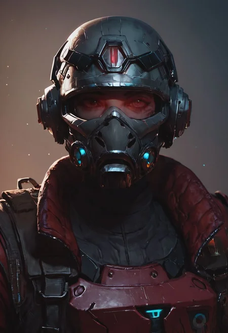 score_9, score_8_up, score_8_up, Soldier, Sci fi Riot mask, grimdark, red soldier helmet, metal breastplate, grey uniform, red uniform, sci fi, futuristic, space soldier, soldier from future, black visor, darkened visor, holographic symbols on visor