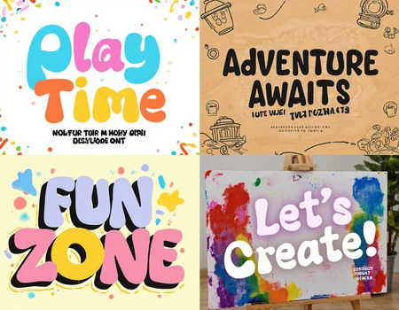 The set of four images features a playful and child-friendly font with fun, bubbly letters and cheerful colors; [IMAGE1] displays "Play Time" in multicolored letters with a background of toys and confetti; [IMAGE2] shows "Adventure Awaits" in bold, whimsical lettering on a treasure map with cartoon illustrations; [IMAGE3] has "Fun Zone" on a colorful playground sign, surrounded by animated shapes and doodles; [IMAGE4] features "Let's Create!" in crayon-like texture on an art easel with splashes of paint in the background, perfect for children's products and activities.