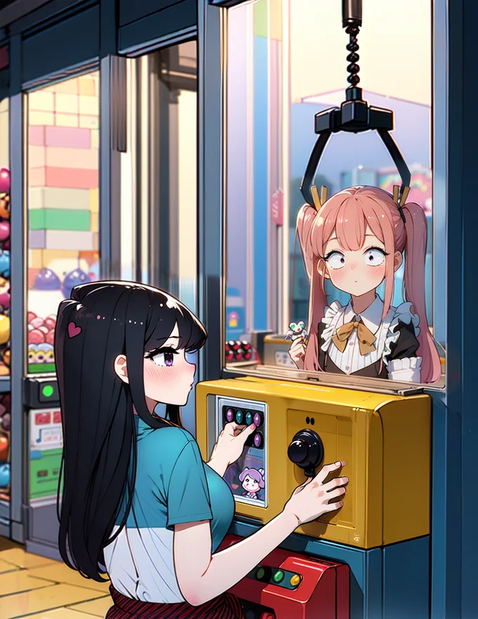 (((masterpiece))), (((best quality))), ((claw machine)), hands on bottom panel, control long joystick and press button, using clamp to pull the toy up, 1girl, komishouko, shy, blush, school uniform, claw machine,  <lora:girllikeclawmachine_v20:0.6>,  <lora:komi_shouko:0.8>,  rear view,