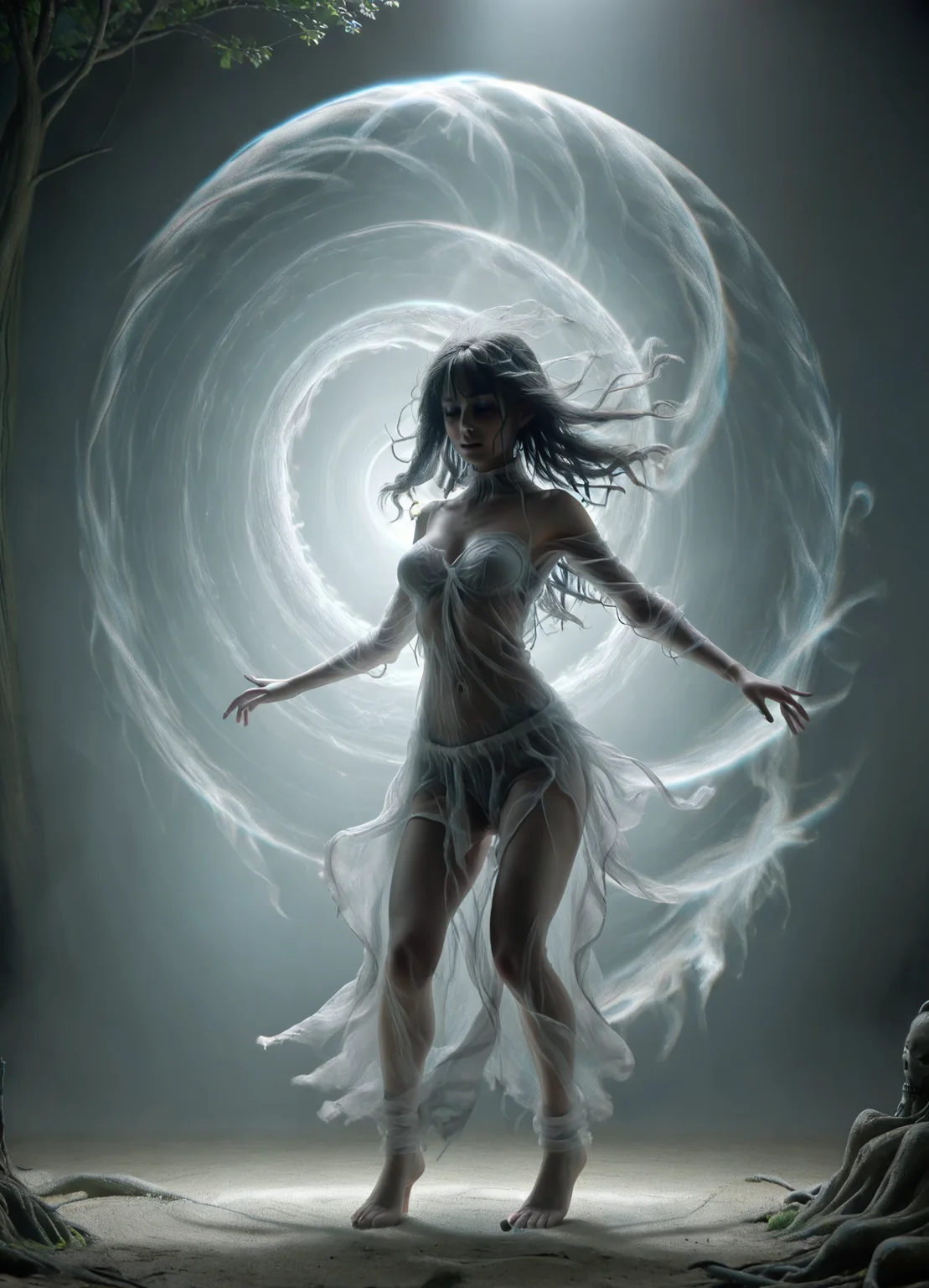 DonMV00d00XL homunculus, female elementalist shadow magic swirling transparent, transluscent vortex of wind, bends and distorts the ai, gentle embrace, dancing around an invisible core, pulse <lora:DonMV00d00XL:0.9>
