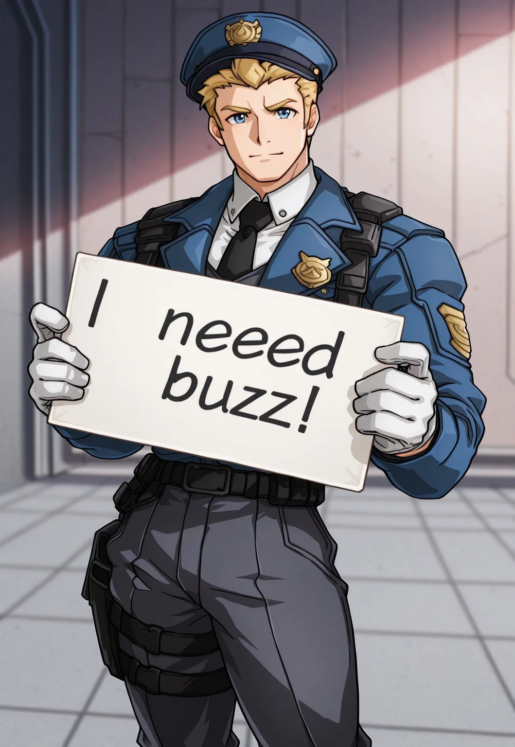 2d, anime screencap, source_anime, animification, fanart, soldier: 76 \(overwatch\), 1boy, jackm, genshin impact art style, short hair, blonde hair, sideburns, blue eyes, bara, himbofication, muscular, broad shoulders, large pectorals, narrow waist, small waist, wide hips, thick thighs, formal suit, police uniform, blue jacket, white shirt, black necktie, white gloves, dark gray pant, blue military hat, looking at viewer, contrapposto, need_buzz, holding sign, best quality, absurdres, newest, perfect quality, detailed background, intricate details
