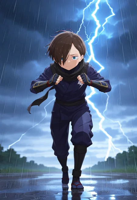 masterpiece, best quality, , (3d:0.4), , 1boy, solo, male focus, <lora:kyoutarou_ichikawa_ilxl:0.94>, kyoutarou_ichikawa, brown hair, blue eyes, short hair, hair over one eye, bangs, rain, cloud, lightning, wind, puddle, dramatic lighting, thunder, stormy night, running pose, worried expression, ninja costume