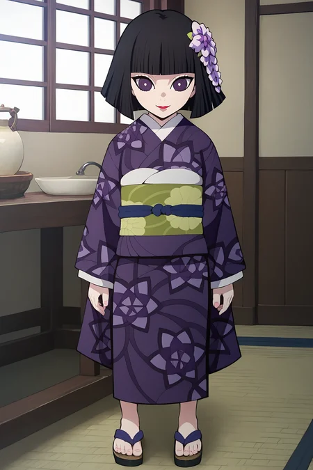 score_9, score_8_up, score_7_up, score_6_up, BREAK, KiriyaUbuyashikiDSXL, pale skin, black eyelashes, red lips, purple eyes, black hair, short hair, bob cut, blunt bangs, hair flower, purple flower, flat chest, japanese clothes, purple kimono, long sleeves, green sash, blue obi, purple sandals, solo, standing, seductive smile, looking at viewer, indoors <lora:KiriyaUbuyashikiDSXL:1>