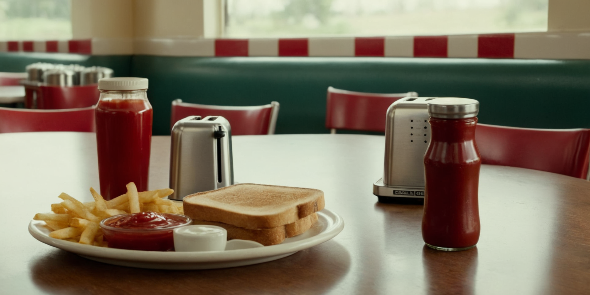 cinematic film still of  <lora:Kodak Motion Picture Film Style:1.2> Kodak Motion Picture Film Style
Best Cinematography a table with a toaster, salt and pepper shakers and a ketchup bottle in a diner Kodak Motion Picture Film Style, shallow depth of field, vignette, highly detailed, high budget, bokeh, cinemascope, moody, epic, gorgeous, film grain, grainy