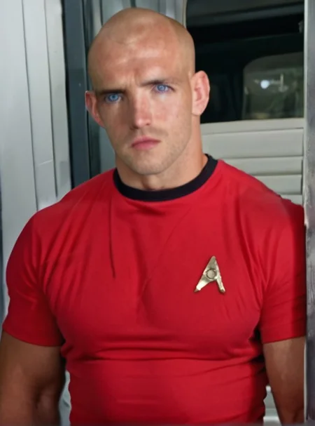 1boy, 20 year old male, Handsome, masculine, blonde, star trek, red shirt, muscle, tall, tight shirt, wide pectorals, big shoulders, wide shoulders, muscular neck, German, bald, big pale blue eyes,
stunf, star trek uniform,