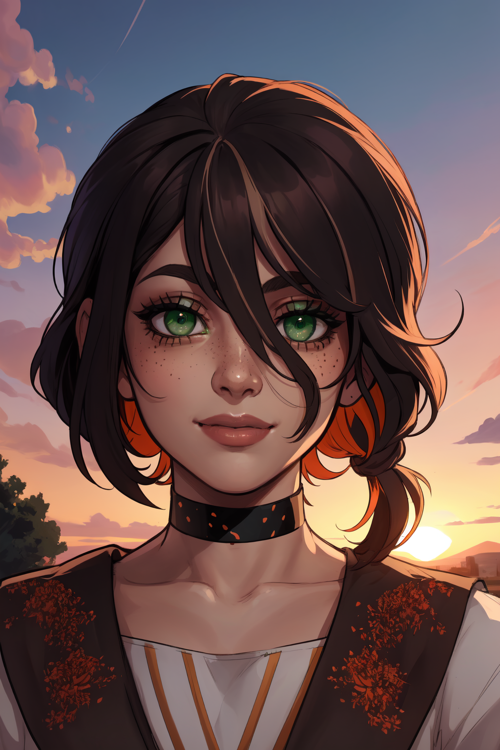 1girl, (solo:1.2), (portrait:1.6), (close-up:1.3), (looking at viewer:1.3), (gazing), (frontal), (beautiful detailed eyes:1.5), (subtle smile:1.2), happy, (closed mouth:1.2), (masterpiece:1.3), (best quality:1.3), (perfect anatomy:1.4), highly detailed, (orange sky:1.2), (cowboy scenery:1.2), (sunset:1.4), outside, summer, <lora:Reze [nochekaiser881 - v1.0]:1> reze, black choker, purple hair, choker, eyebrows hidden by hair, (green eyes:1.5), hair between eyes, long bangs, medium hair, <lora:Akira Raikou [MockAi - v1.0]:0.8> akiraraikou, (film grain:1.3), (speckled highlights:1.3), western artistyle, (exaggerated proprtions:1.2), (shiny skin), detailed shading