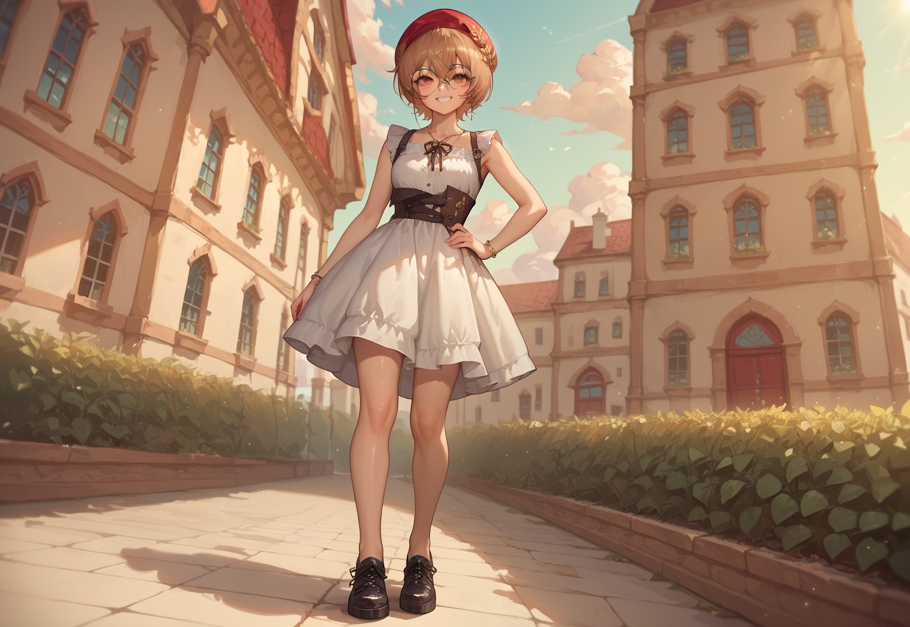 score_9, score_8_up, score_7_up, score_6_up, source anime, absurdres, masterpiece, best quality, very aesthetic, background, outdoors, plain fields,1girl,ClioAitePC, short hair, glasses, bangs, beret, red headwear, round eyewear, brown eyes, brown hair, hair between eyes,, shiny skin,  sundress, light green sundress,windy, looking at viewer, happy, smile, smug, hand on own hip, contrapposto, dutch angle, full body, morimee_style
