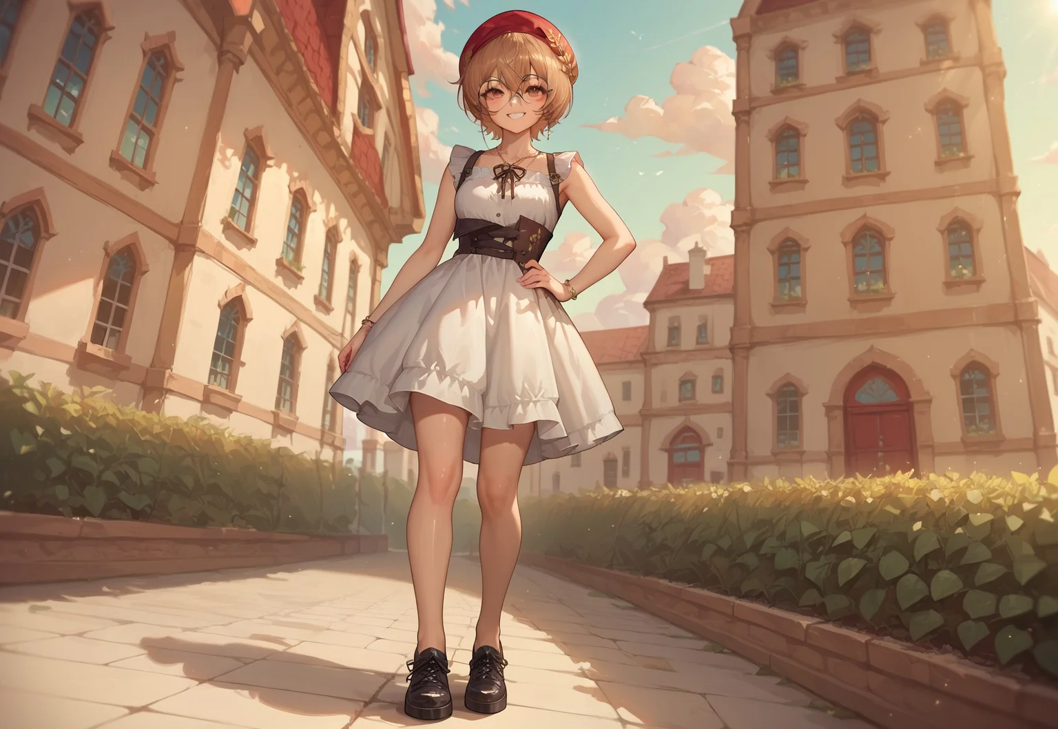 score_9, score_8_up, score_7_up, score_6_up, source anime, absurdres, masterpiece, best quality, very aesthetic, background, outdoors, plain fields,1girl,ClioAitePC, short hair, glasses, bangs, beret, red headwear, round eyewear, brown eyes, brown hair, hair between eyes,, shiny skin, sundress, light green sundress,windy, looking at viewer, happy, smile, smug, hand on own hip, contrapposto, dutch angle, full body, morimee_style