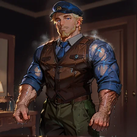 <lora:Dev__Potion_Permit:.7>, devdanpermit, dev_blonde hair, dev_blue eyes, dev_mailman, 1boy, short hair, beard, solo, male focus, bara, blue tie, blue hat, grey collared shirt, blue sleeve shirt, brown vest, green pants, belt
(very short hair), male focus, muscular male, bara, mature, (hairy body, hairy, body hair, arm hair, leg hair, hairy body, glossy skin, bara, mature, facial hair, beard, full beard, sideburn, mustache, stubble), facial hair, bara, mature, body hair, aixiwuganda_(20222192), very awa, masterpiece, best quality, absurdres, newest, perfect quality, detailed background, intricate details,<lora:slider_Body Type_alpha1.0_rank4_noxattn_last:1><lora:Anime Summer Days 2 Style SDXL_LoRA_Pony Diffusion V6 XL:.6><lora:merged:.7>, DARK, DARK BACKGROUND, LOW-KEY LIGHTING <lora:slider_cfg_scale_boost:.7><lora:Artist6p:.55>, Artist6p, Artist04p,<lora:slider_il_brightness_slider_d1:-.4><lora:slider_il_contrast_slider_d1:-.25>,<lora:slider_contract_controller_illus01_v1:.3>, <lora:addon_illustriousXLv01_stabilizer_v1.121:.5>,<lora:slider_DarkSlider1.2_alpha1.0_rank16_full_300steps:-.1><lora:Heavenly_Beauty_r1:1>, (heavenlybeauty,)<lora:slider_style_strength_controller_illus01_v1:.25><lora:slider_longlegs-slider-illu-v1:10>,<lora:addon_sweaty_v2:1.3>, ((sweatILL, sweaty, steamy, wet skin, sweatdrop)),