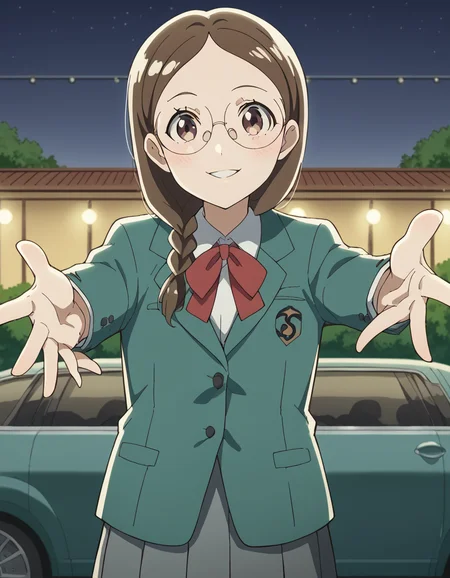 score_9, score_8_up, score_7_up, source_anime, <lora:megumi-takahashi-s1-ponyxl-lora-nochekaiser:1>, megumi takahashi, long hair, brown hair, brown eyes, braid, glasses, hair over shoulder,, school uniform, jacket, blazer, ribbon, red ribbon, green blazer, shirt, white shirt, collared shirt, skirt, pleated skirt, grey skirt,, gas station, pumps, car, fuel, lights, smile, <lora:incoming-hug-ponyxl-lora-nochekaiser:1>, incoming hug, looking at viewer, reaching, reacing towards viewer, outstretched arms,, bedroom, smile, blush, parted lips, looking at viewer, solo,, dutch angle, cowboy shot