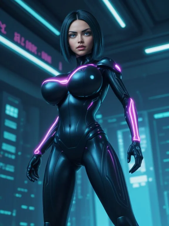 <lora:LCM_LoRA_Weights_SD15:0.8>
(full body, low angle, futuristic,night city background, highly detailed, high contrast, vibrant colors:1.1),
cybernetic android battle Angel Alita,
in the style of Gai Qi,
revealing every curve and line of her lean athletic form,
charming and determined expression,
extremely large detailed eyes, AI, machine, metal, wires,
neon lights bathe her in a warm glow
