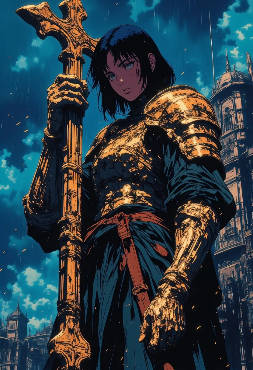 fantasy stylised illustration, anime style, rainy, wet, cinematic, close up, bright vivid and epic, dynamic pose, perfect composition, covered in shadows thin person in a dark clothes, church top background, standing tall, short black hair, holding huge ornate cross in hand, intricate, midnight, starry skies, tight clothes, bright white stripes, huge waist, muscular but thin hands, bulky armor on chest, chestplate, golden pauldrons. ornate shoulders with crosses, dirty hands, looking down, expressive, crying expression, stature is agile and very graceful, woman, incredible, style of Edwin Austin Abbey, ne0nfant4sy,
